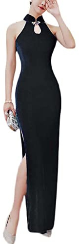 Women's Sleeveless Keyhole Cheongsam Maxi Dress Solid Velour Mandarin Collar Side Split Chinese Qipao (1128# Black, L)