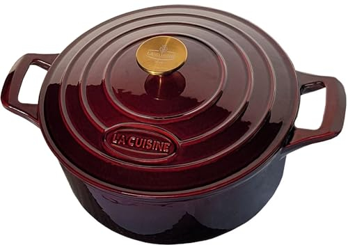La Cuisine Gusseisen topf 28cm 6.5 L Bräter/Cocotte Schmortöpfe Auflaufform aus emaillierte Mattschwarze Innenseite vergoldeter SS-Deckelgriff, Cranberry, ofenfest Induktion