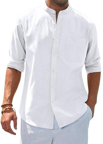 siliteelon Men's Shirts White Grandad Collar Long Sleeve Linen Shirts Regular Fit Banded Collar Summer Beach Shirt with Pocket,Large