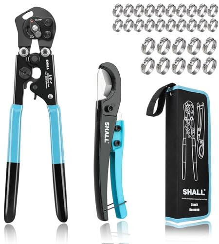 SHALL 2-IN-1 Pex Crimping Clamp Cinch & Remove Tool with Pipe Hose Cutter, Pex Pipe Fitting Crimper Tool Kit for 3/8 to 1 Stainless Steel Clamps Including 20pcs 1/2, 10pcs 3/4 Clamps & Storage Bag