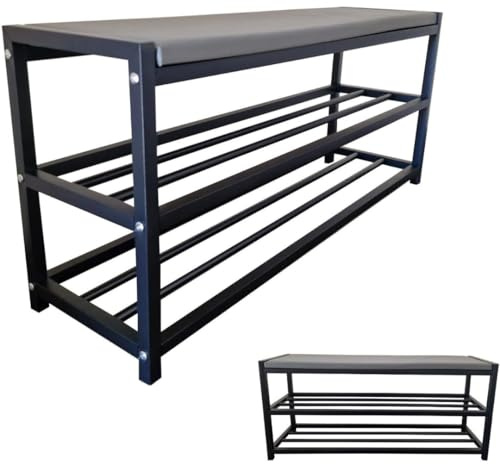 Maka Scarpiera Salvaspazio Slim, in Metallo Nera, Scarpiera Ingresso, Organizer Scarpe Diverse Misure, Scaffali Portascarpe, Panca con Seduta (60 cm + panca)