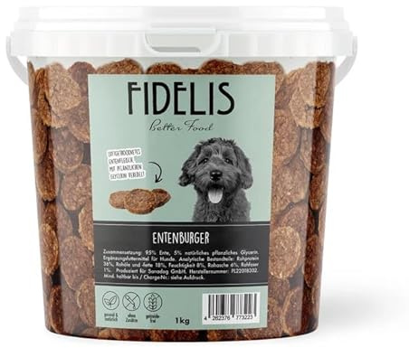 Fidelis – Entenburger für Hunde im wiederverschließbarem 1kg-Eimer - Luftgetrocknete Hunde Leckerlis aus 100% natürlichen Rohstoffen