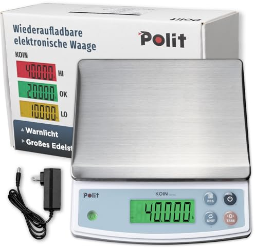 Polit KOIN Digital Food Scale 40lb – High-Capacity Rechargeable Kitchen & Packing Scale with Stainless Tray, 1g Precision and 3-Color Indicator for Baking, Meal Prep and Vendors