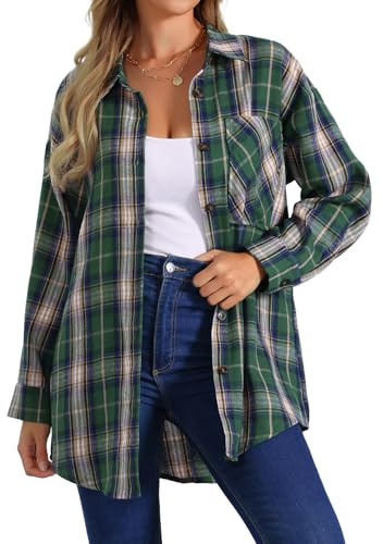 Allegra K Chemisier en Flanelle Femmes Manches Longues Hauts Boutonnés Blouse à Carreaux Cardigan avec Poche Vert M