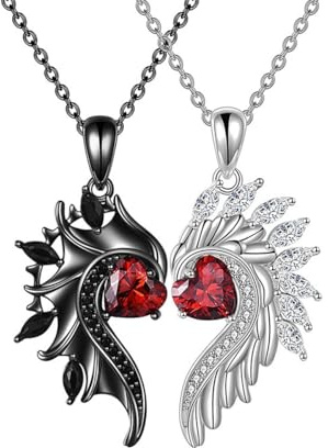 KONFEN 2PCS Couple Matching Necklaces, Stainless Steel Angel Wings Pendant with Shiny Cubic Zirconia, Punk Retro Gothic Couple Necklaces Set with Adjustable Alloy Pendant Chain Gifts for Lovers Sister