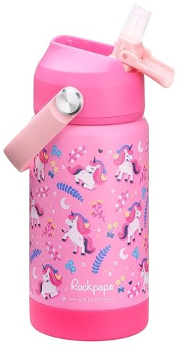 rockpapa 14oz Kids Stainless Steel Water Bottle with Straws, Unicorn