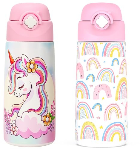 Ntswasd Vattenflaska för barn i rostfritt stål sugrör termosflaska 500 ml -BPA fri läckagesäker termovattenflaska för skola, dagis (2-pack, enhörning + regnbåge)
