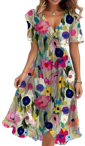 Onsoyours Femme Été Robe en Mousseline Col en V Élégant Au Genou Cocktail Soirée Robes Manches Courtes À Fleur Imprimé Mariage Invités Festival Dress A Ligne Loisirs Jupe A04 Multicolore XL