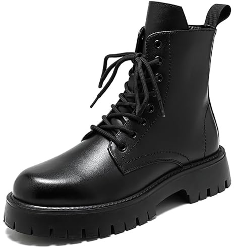 Men'S Black Patent Leather Platform Combat Boots Fashion Side Zipper Wide Toe Lace Up Chunky Lug Sole High Top Motorcycle Boots Comfort Waterproof Non-Slip Winter Warm Fur Lined Casual Ankle Booties