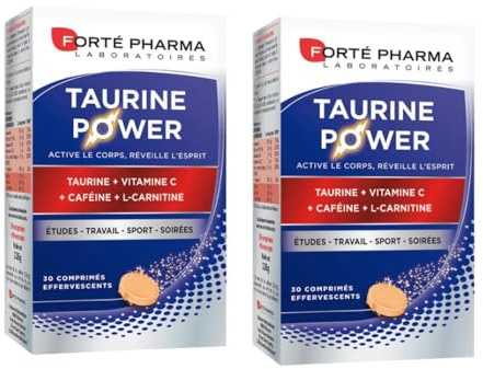 Forté Pharma -Pack x2 Taurine Power - Complément Alimentaire - Booster d'Énergie, Anti fatigue, Coup de boost - Caféine, Vitamine C, L carnitine, Magnesium - Goût Agrumes, 30 comprimés effervescents