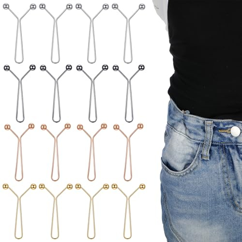LXUEJIE 16 Pcs Pant Waist Tightener Buttons Pins, Removable Buttons No Need to Sew Detachable Button Pins Reusable Waist Cincher Clip Metal Brooch for Pants Jeans Skirts