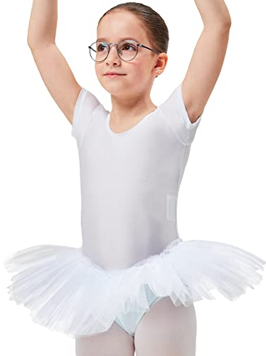 tanzmuster Kinder Ballett Trikot Ballettanzug Alina mit Tutu-Röckchen - Balletttutu aus 3-lagigem Tüll. Zauberhaftes Ballettkleid für Mädchen in weiß, Größe:92/98