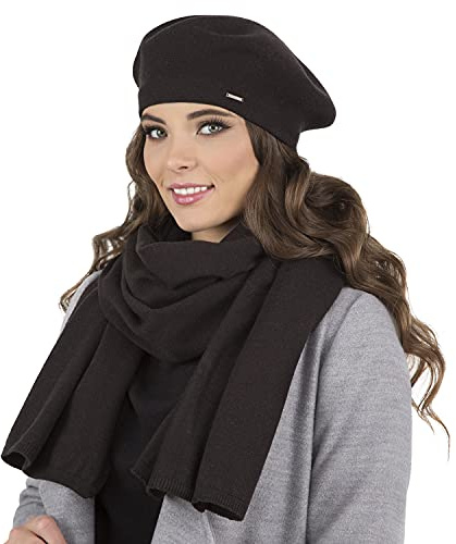 Vivisence Béret Et Écharpe Femme Pour L'automne Et L'hiver En Laine Et Acrylique Ensemble Chic Pour L'hiver Accessoire Mode Durable Pour Cadeau Parfait Confort Et Élégance 7005Kmpl, Noir,Taille Unique
