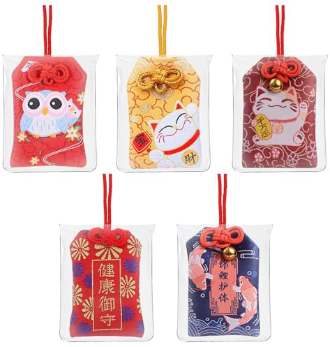 5 unidades: amuletos de la suerte japoneses, amuletos Omamori, colgantes para la bolsa de la suerte, bolsa de la suerte, para la salud, la carrera profesional, la educación, el amor y la riqueza