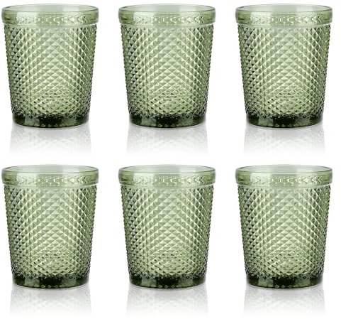 Joeyan Set de 6 Copas Verde de Agua Vintage, 300ml Vasos de Agua Colorida Elegantes, Copas de Vidrio con Relieve Cristaleria para Bar Restaurante en Casa, Apto para Lavavajillas