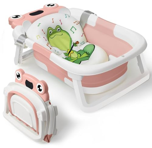 DEANIC Bañera Plegable Bebé, Asiento Bañera Bebe Para Recién Nacidos De 0 a 24 Meses, Bañeras Para Bebes Con Cojin, Baño Bebe Portátil, Ahorra Espacio (Rosa)