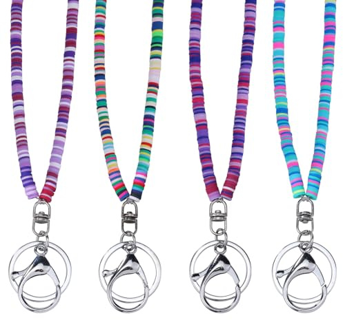 LEGENTLISUR 4Pcs 4 Colors Polymer Clay Bead ID Badges for Women Teacher Lanyard with ID Holder Beaded Lanyards for ID Badges Neck Keychain Lanyards for Id Card for Women Teachers Gift(Colorful 6)