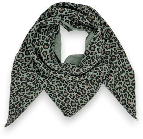 Foulard triangulaire en mousseline pour femme - Imprimé léopard - 100 % coton - Pour le printemps et l'automne - Foulard léger avec motif léopard - 195 x 72 cm, vert, XL