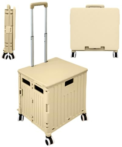 Berry 40 KG Shopping Trolley on Wheels with 50L Capacity - Plastic Folding Trolley Cart with 4 Wheels and Lid - Pull Along Trolley, Ideal for Camping, Picnics, Households, Office - Khaki