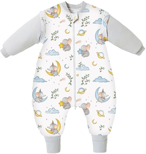 Chilsuessy Sacco a pelo invernale per bambini con piedini Caldo Sacco per tutto l'anno per inverno Sacco nanna per ragazzi e ragazze, maniche rimovibili, motivo: elefanti e luna/3,5 Tog, 100/Altezza