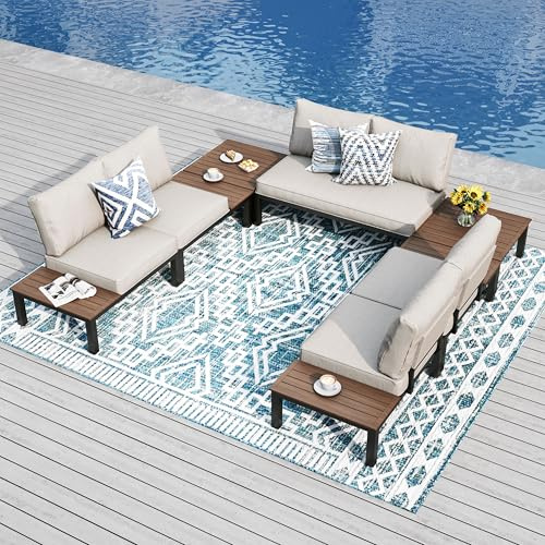 PHI VILLA Juego de muebles de jardín y balcón de 7 piezas, muebles de metal para salón de jardín de 6 plazas, muebles de terraza, muebles modulares con cojines reforzados y mesa de café, color beige