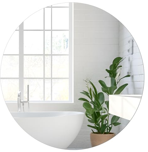 DRERIO 25,5 cm självhäftande väggspegel rund, 25,5 cm x 25,5 cm glasspegel stor rund ramlös glasspegel, 2 mm dekorativ HD sminkspegel för badrum, omklädningsrum, vardagsrum