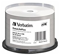 Verbatim DVD-R AZO 4.7GB 16X DL+ White Wide Thermal Printable Surface NO ID Cake 50