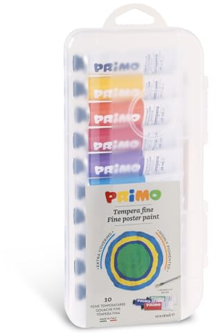 Primo – Temperafarben für Kinder ab 3 Jahren, 10 Tuben, x 18 ml + Malpinsel, Kinder-Wasserfarben, Wasserlösliche Temperafarben, Feine Malerei für Stoffe, Papier, Glas, Kreative Arbeiten für Kinder