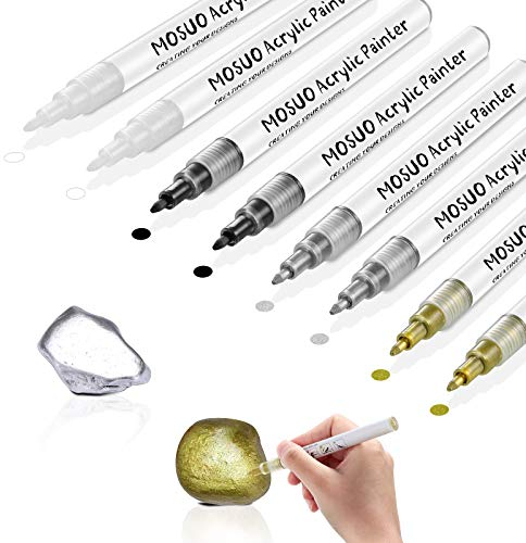 MOSUO Acrylstifte Marker Stifte, 8PCS 0.7mm Permanent Marker Wasserfeste Acrylstifte für Steine Bemalen, DIY Fotoalbum, Keramik, Glas, Metall, Kunststoff, Holz, Leinwand (Schwarz Weiß Silber Gold)