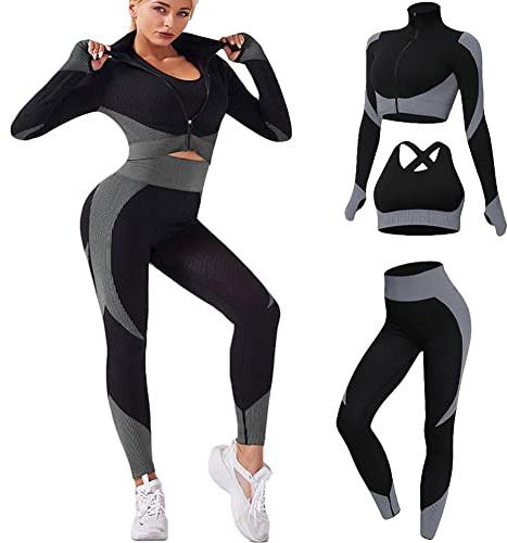 Veriliss Tracksuit For Women,3pcs Outfits Workout Joggers Yoga Gym Sportswear Leggings And Stretch Sports Bra Jumpsuits Clothes Sets (BlackGrey, M)
