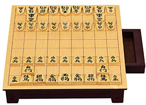 Pevfeciy Shogi - Traditionelle Japanische Schachspiel Set - Holzbrett Mit Schubladen Und 42 Spielstücken - Reiseschach-Set, Boxwood, 270x250x50mm - Für 2 Spieler Ab 10 Jahren