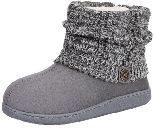 FamilyFairy Women's Bootie Slippers Warm Memory Foam House Shoes for Indoor Outdoor Winter(5-6,Grey)
