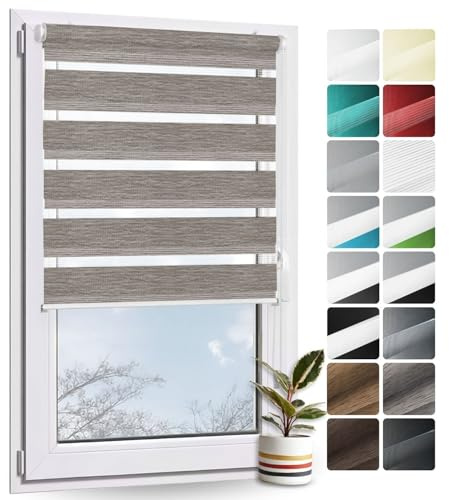 Rollmayer Doppelrollo Klemmfix ohne Bohren Klemmrollo Fensterrollo (Holzlook Grau - 90 x 220 cm - BxH) Duo Rollo Sonnenschutzrollo Zebrarollo Seitenzugrollo für Fenster und Tür