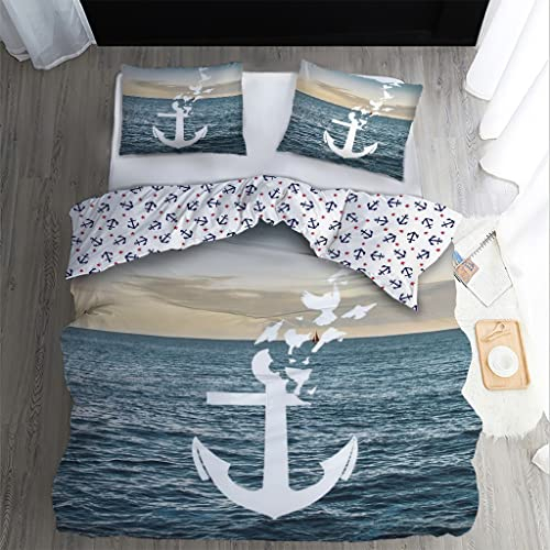 WQIZXCW Bettwäsche 135x200 2er Set, Anker Wendebettwäsche - 110gsm Weiche Microfaser, Maritim Meer Bettbezug mit Reißverschluss und 1 Kissenbezug 80x80 cm