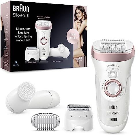 Braun Silk-épil 9 Epilierer Damen / Haarentferner für langanhaltende Haarentfernung, inkl. Gesichtsreinigungsbürste, Rasier- und Trimmeraufsatz, 9-855, weiß/roségold