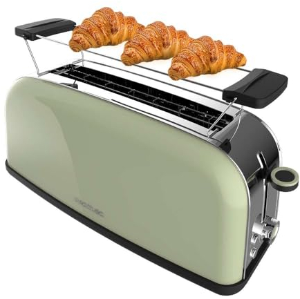 Cecotec Grille-pain vertical Toastin' time 850 Green Long, 850 W, Double fente longue et large de 3,8 cm, Varillas Supérieures, Acier Inoxydable, Arrêt et Popup Automatiques, Bac à miettes