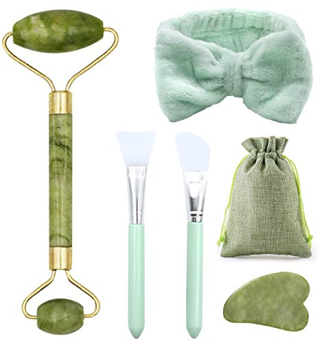 VEGCOO 6 en 1 Gua Sha Facial Rodillo de Jade, Rodillo Facial Masaje + Piedra Guasha Facial + Diadema+Cepillo de Mascarilla de Silicona+Bolsa, Masajeador Facial para Mujer, Aliviar las Arrugas