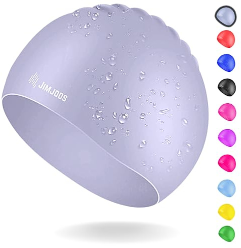 JIMJOOS Bonnet de bain en silicone pour enfants de 3 à 14 ans - Bonnet de bain pour garçons et filles - Antidérapant, extensible, imperméable - Durable, sans odeur avec pochette de protection (gris, 3