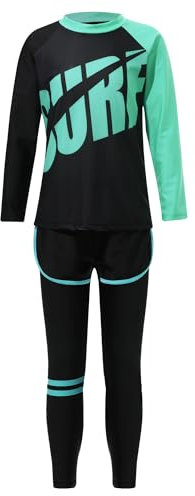 TiaoBug Jungen 3 Teillig Badeanzug Ganzkörper Schwimmanzug mit Sonnenschutz Rashguard Neoprenanzug Lange Ärmel T-Shirt mit Lange Hose Badeshorts Blau I 158-164