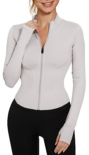 LUYAA Veste d'entraînement légère à fermeture éclair pour femme - Veste de yoga courte athlétique coupe ajustée, Gris ivoire., M