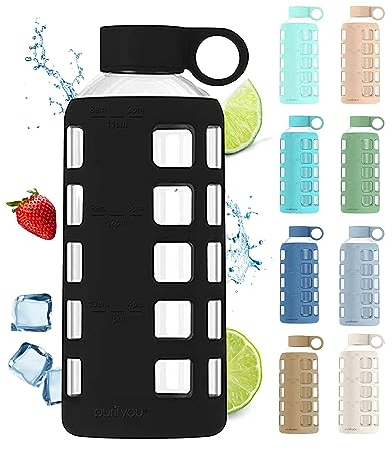 purifyou Premium glass water bottles with volume and drinking time, silicone sleeve and stainless steel lid, reusable bottle for refrigerator, water, milk,