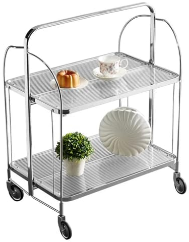 Mobile Storage - Carrito plegable para servir, cesta de almacenamiento de 2 niveles, cristal templado transparente con ruedas, plegable, para cocina, bar, carrito de vino, carrito de bebidas moderno