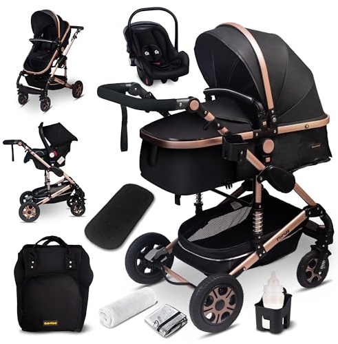 GaGaDumi Florida Kinderwagen 3 in 1 Komplettset mit Autositz - Baby Stroller TÜV - Kombikinderwagen Komplettset Voll-Gummireifen - Wickeltasche Schwarz/Gold