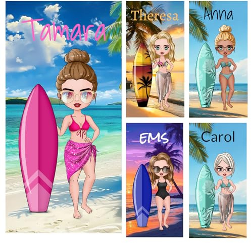 Jodimitty Personalised Beach Towel Microfiber, Cartoon Girl Dress Up Free DIY Character Custom Name, for Beach Pool Bath Family Gatherings Party Favours, 60x120cm/76x152cm/90x180cm