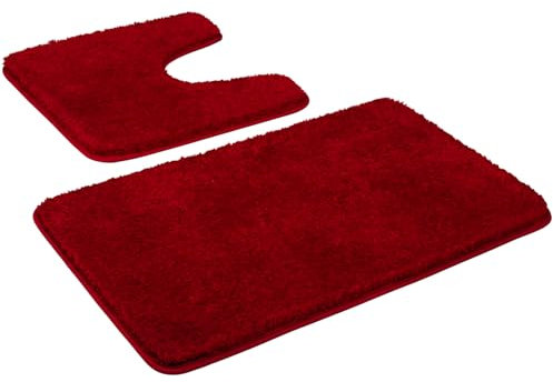 Myting Bad Teppiche Set Weich Mikrofaser Badematte Rot, Badezimmerteppich Set 2 Teilig Badvorleger Waschbar Duschvorleger rutschfest, Flauschiger Badteppich und wc Teppich mit Ausschnitt