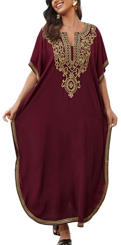 YouKD - Abito ricamato in caftano stile bohémien, copricostume da spiaggia, per bikini, taglia grande, abbigliamento da casa per donne, Taglia unica