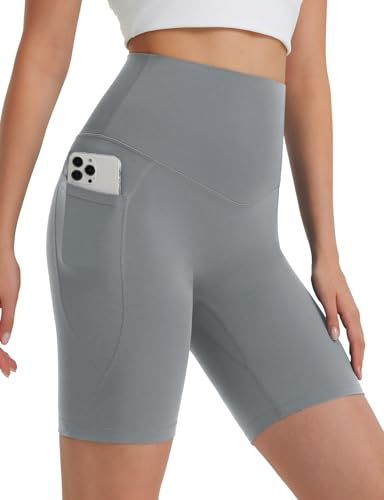 baleaf Cykelbyxor för kvinnor, superhög midja, 20 cm, gymshorts med fickor, sportbyxor, kort, sommar, push-up, slim, fitness, sportleggings, GRÅ, L