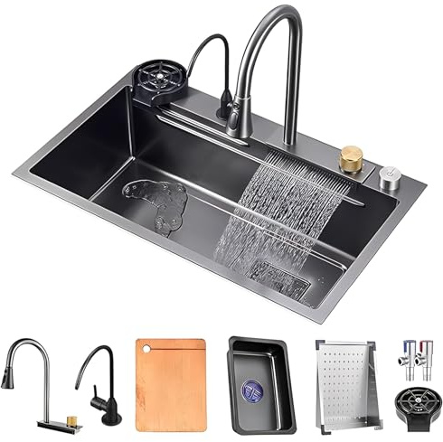 Lavello da Cucina con Cascata, lavello a Vasca Singola, con pomello di Scarico, risciacquatore per Bicchieri, Filtro di Scarico e Accessori, con Rubinetto Estraibile (Dimensioni: 85x45x22 cm
