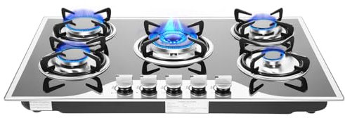 banborba 5 Burner Gas Stove Cooktop, Built-in Gas Hob for LPG/NG Dual Fuel Convertible, Flame-out Protection, Tempered Glass Surface, Electronic Pulse Ignition, Ideal for Home Kitchen Restaurant