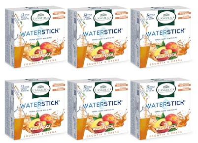 L'Angelica, Waterstick, Gusto Tè Alla Pesca, Sgonfia e Drena, Con Vitamine, Minerali, Contro Stanchezza e Affaticamento, Zero Zuccheri & Zero Calorie, Senza Conservanti, 6 Astucci da 12 Stick